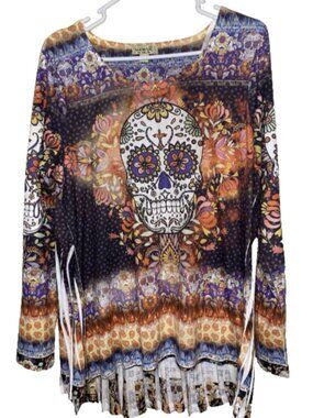 One World Large Women's Studded Skull Dia de los Muertos Shirt Top Tunic